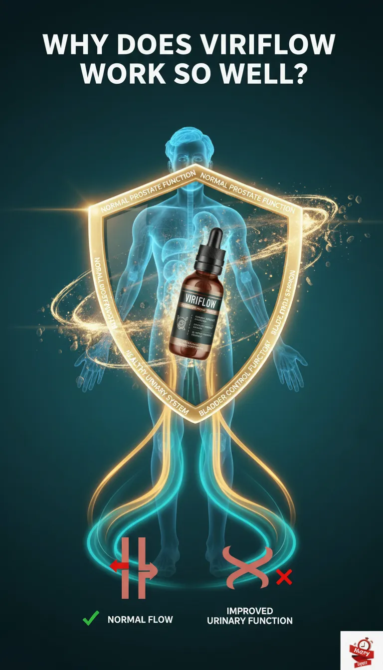 ViriFlow protective shield diagram for normal prostate flow and improved urinary function support.