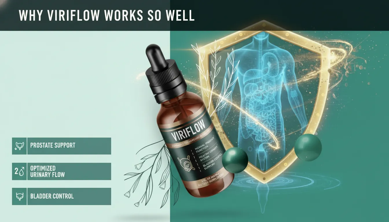 ViriFlow supplement benefits banner for prostate support, optimized urinary flow, and bladder control.