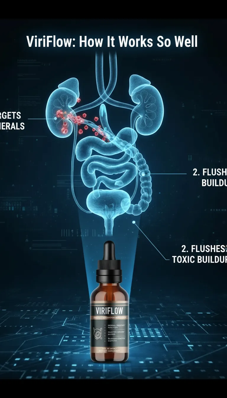 ViriFlow scientific diagram showing how the formula targets mineral buildup and flushes toxic waste for prostate health.