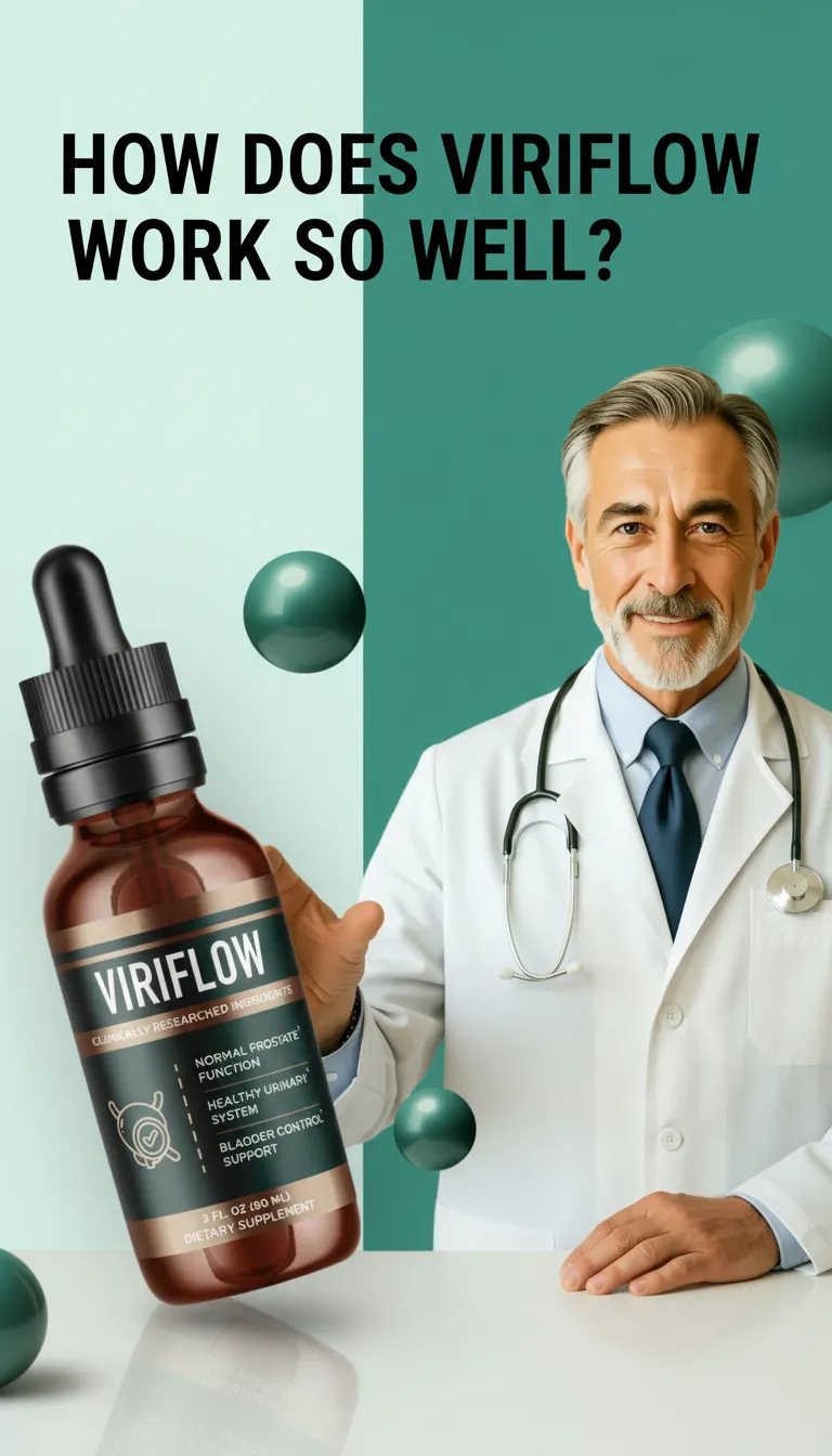 ViriFlow supplement bottle with professional doctor explaining prostate and bladder health benefits.