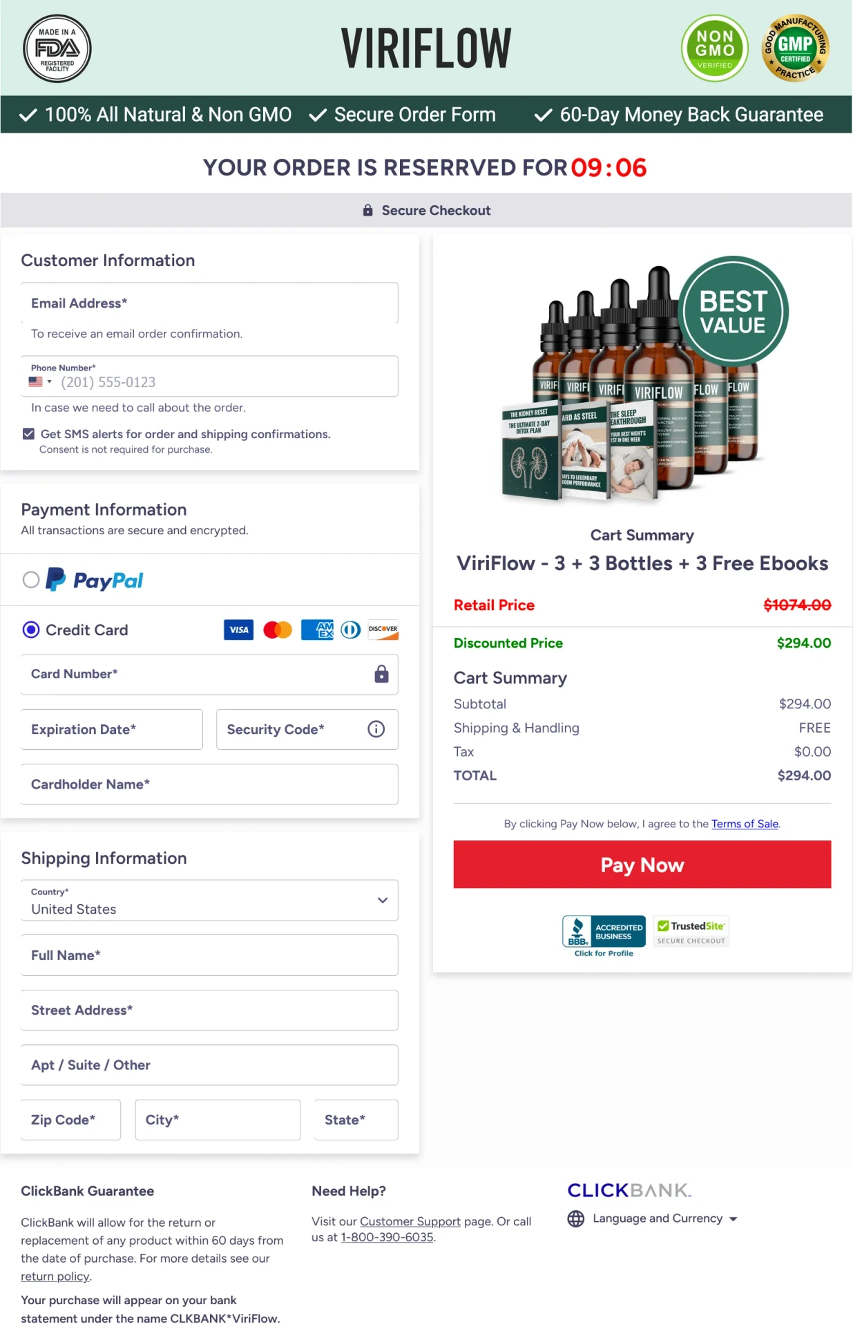 ViriFlow secure checkout page showing 6-bottle best value pack discount with 3 free bonus ebooks and 60-day guarantee.